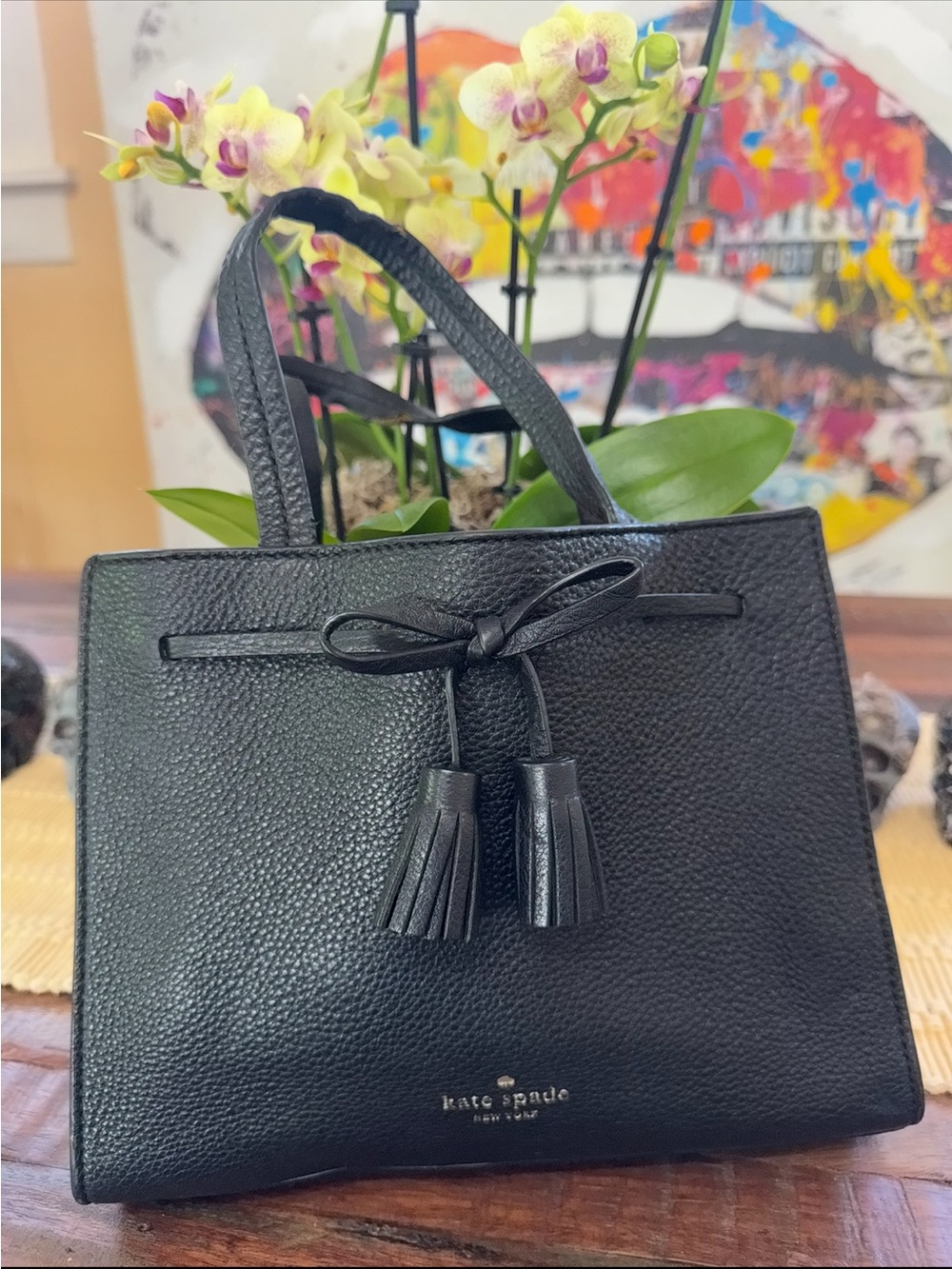 kate spade Black Pebbled Leather Tote with Tassel Accent